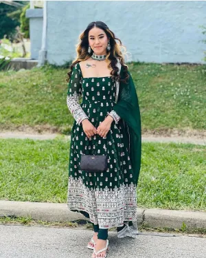 Outstanding Dark Green Full Embroidered Work Gown