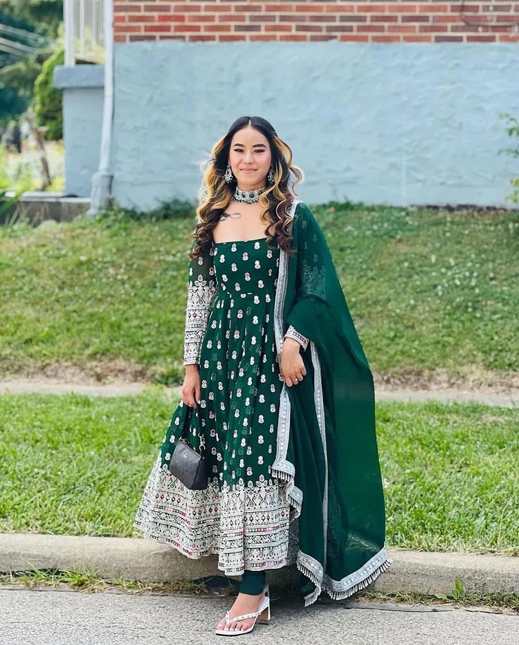 Outstanding Dark Green Full Embroidered Work Gown