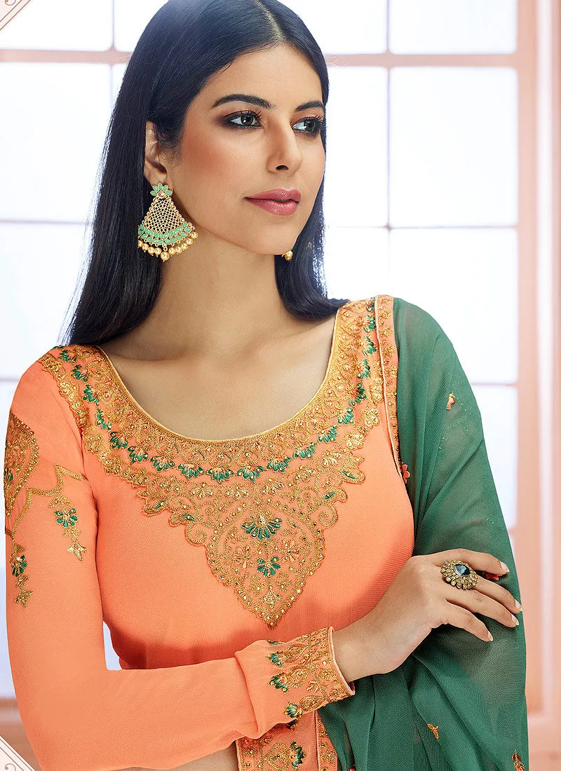 Peach And Green Traditional Embroidered Pant Style Suit