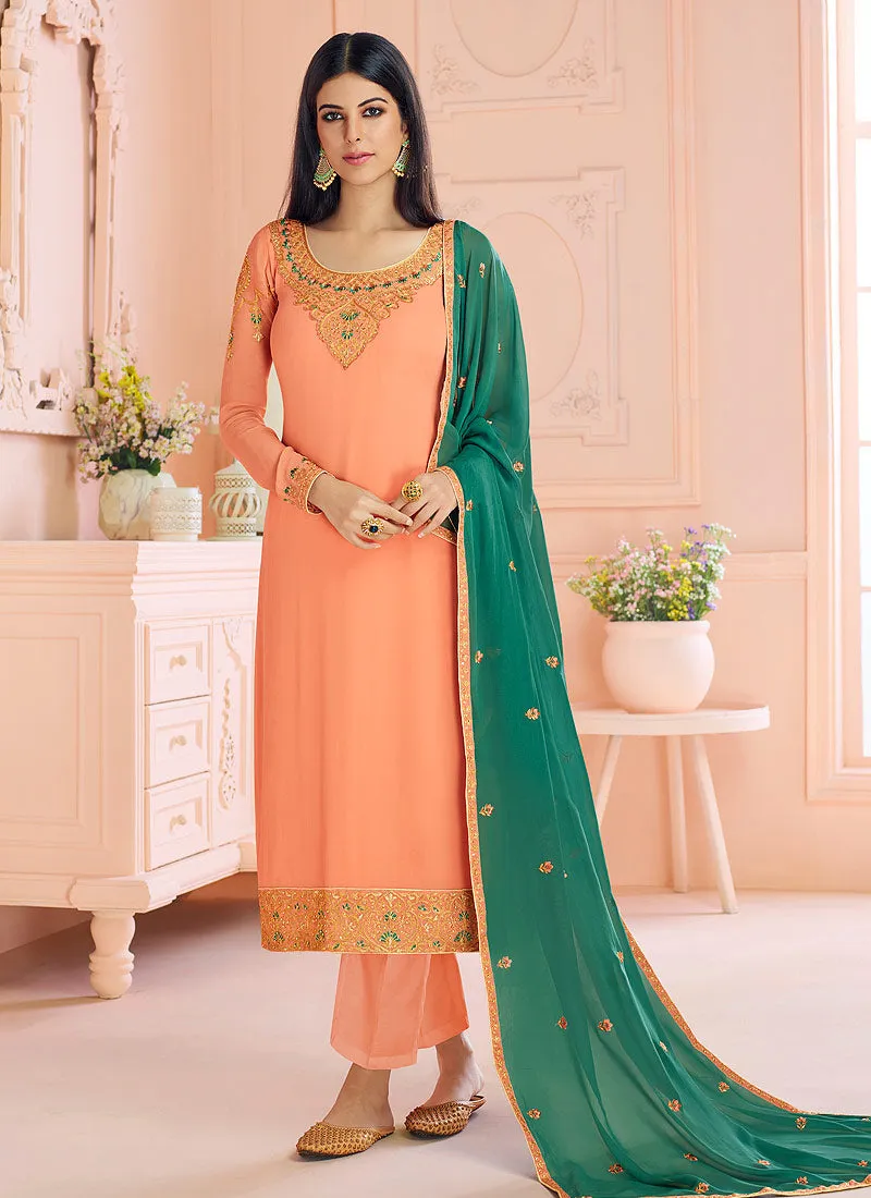 Peach And Green Traditional Embroidered Pant Style Suit