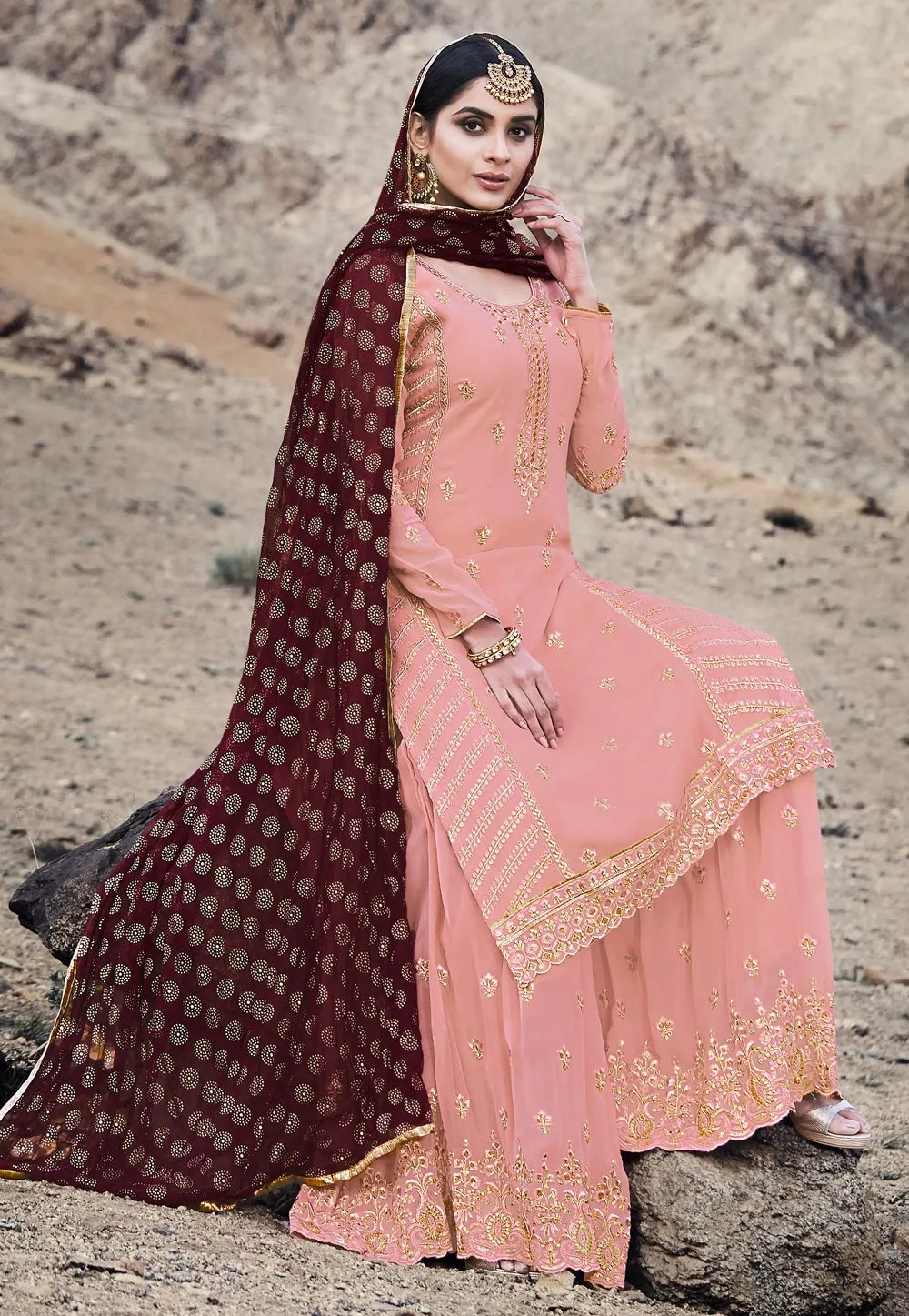 Peach And Maroon Embroidered Palazzo Suit