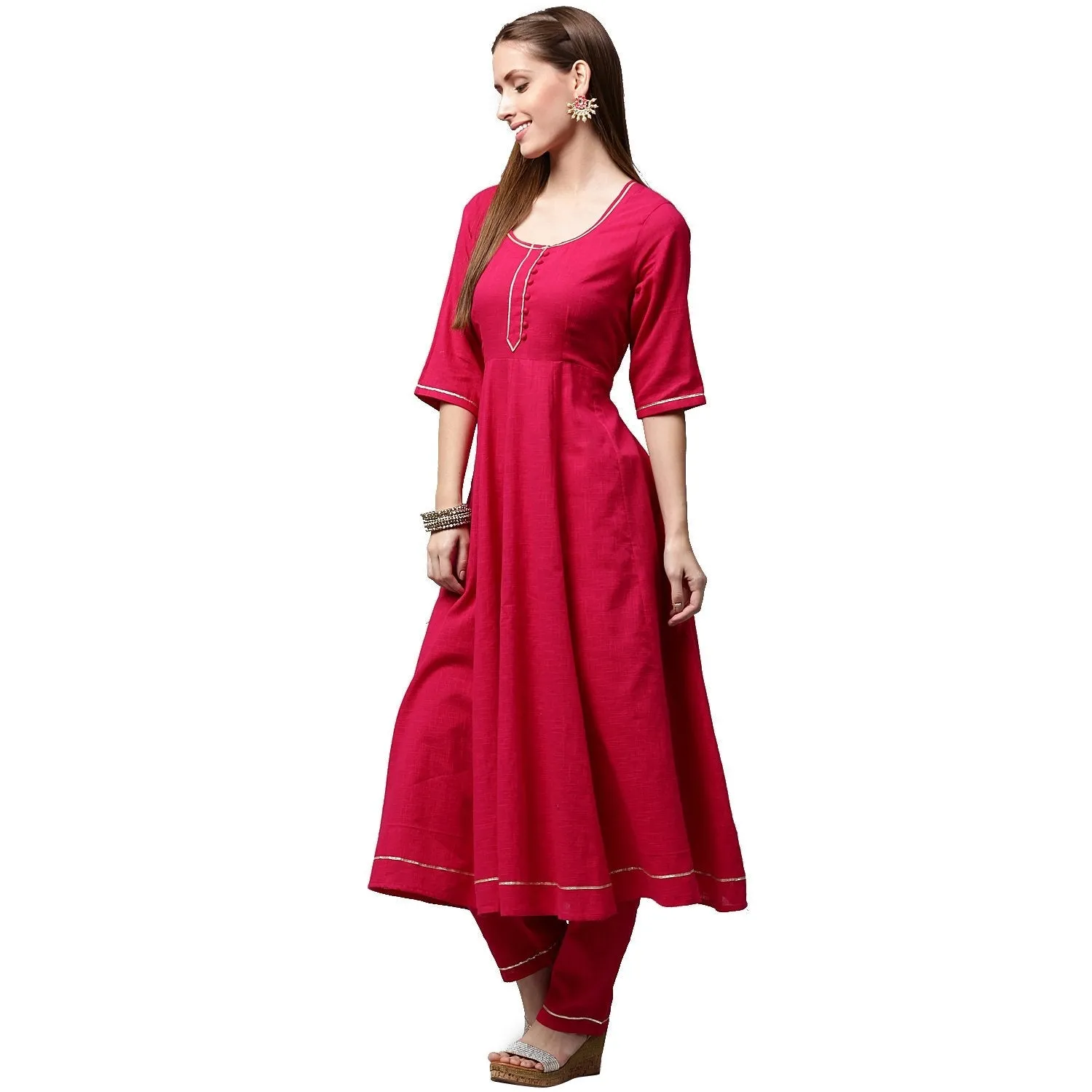 Pink 3/4th Sleeve Cotton Slub Anarkali kurta with pink flared Palazzo