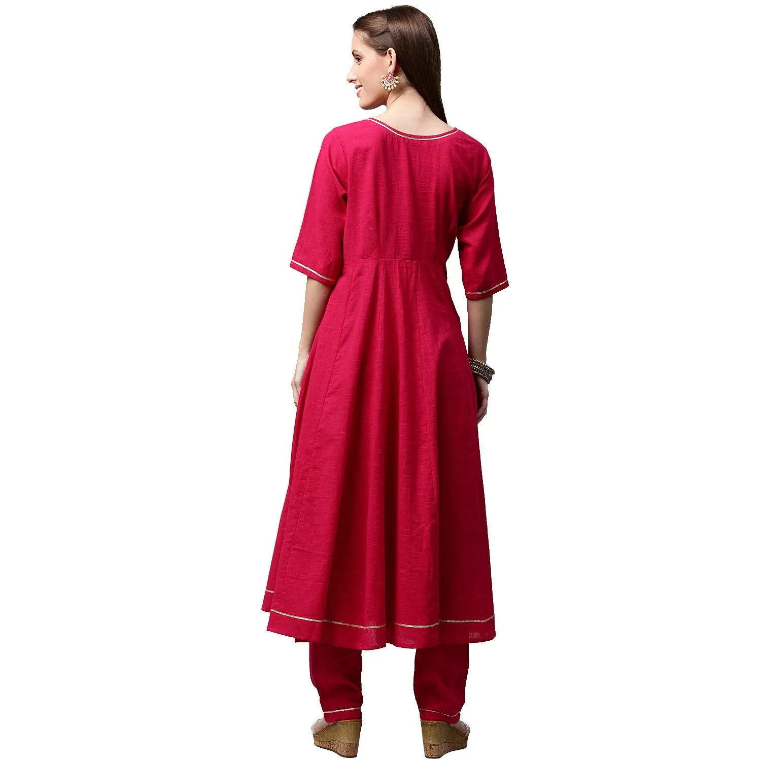 Pink 3/4th Sleeve Cotton Slub Anarkali kurta with pink flared Palazzo