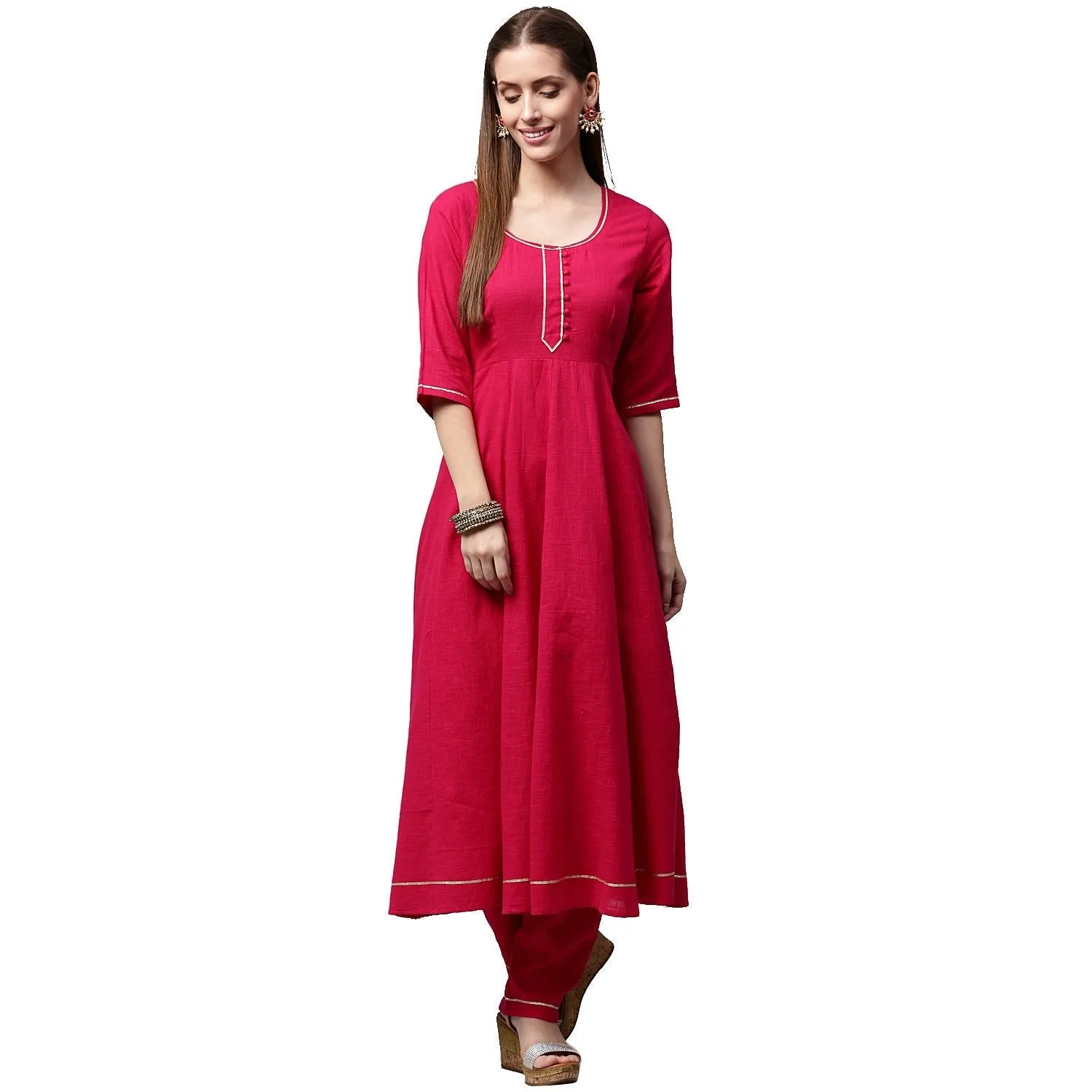 Pink 3/4th Sleeve Cotton Slub Anarkali kurta with pink flared Palazzo