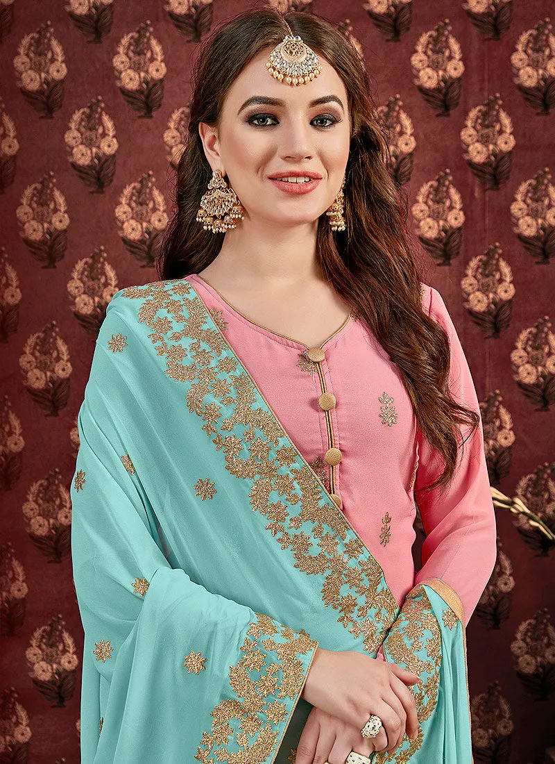 Pink And Blue Golden Embroidered Georgette Gharara Suit