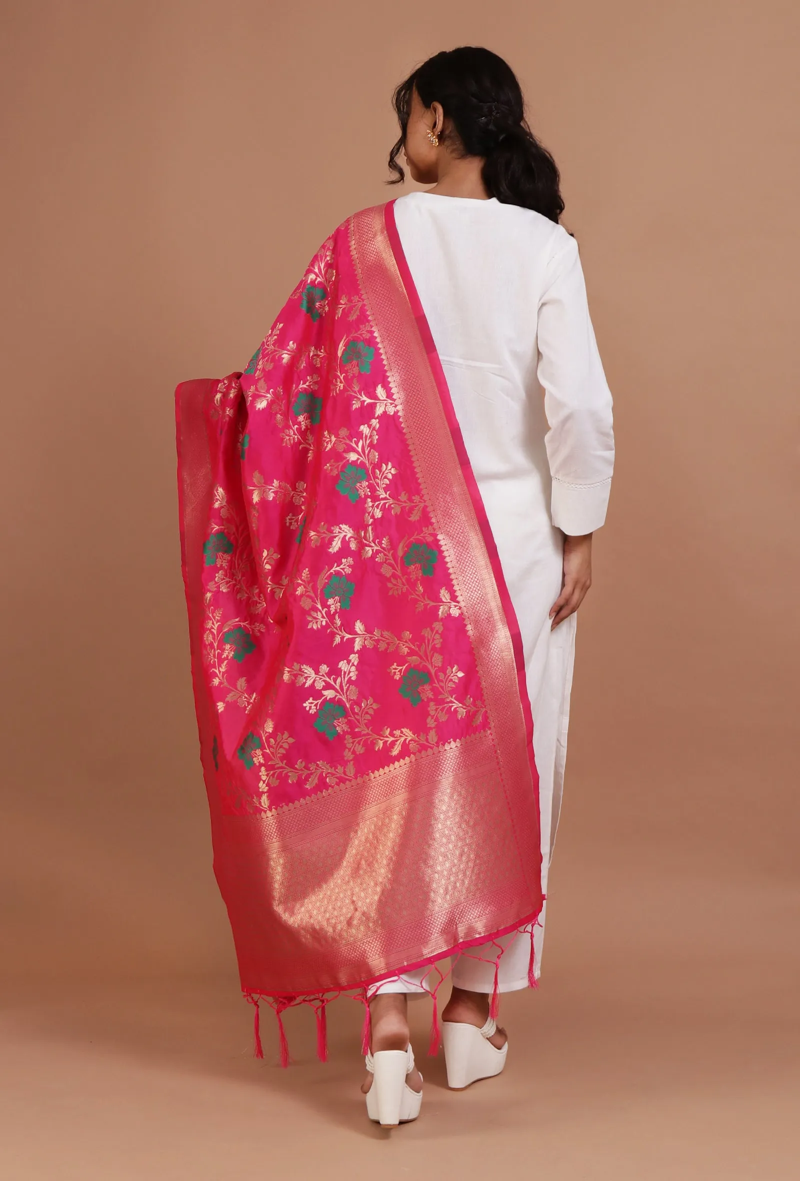 Pink Color Semi Silk Dupatta With Zari Weaving