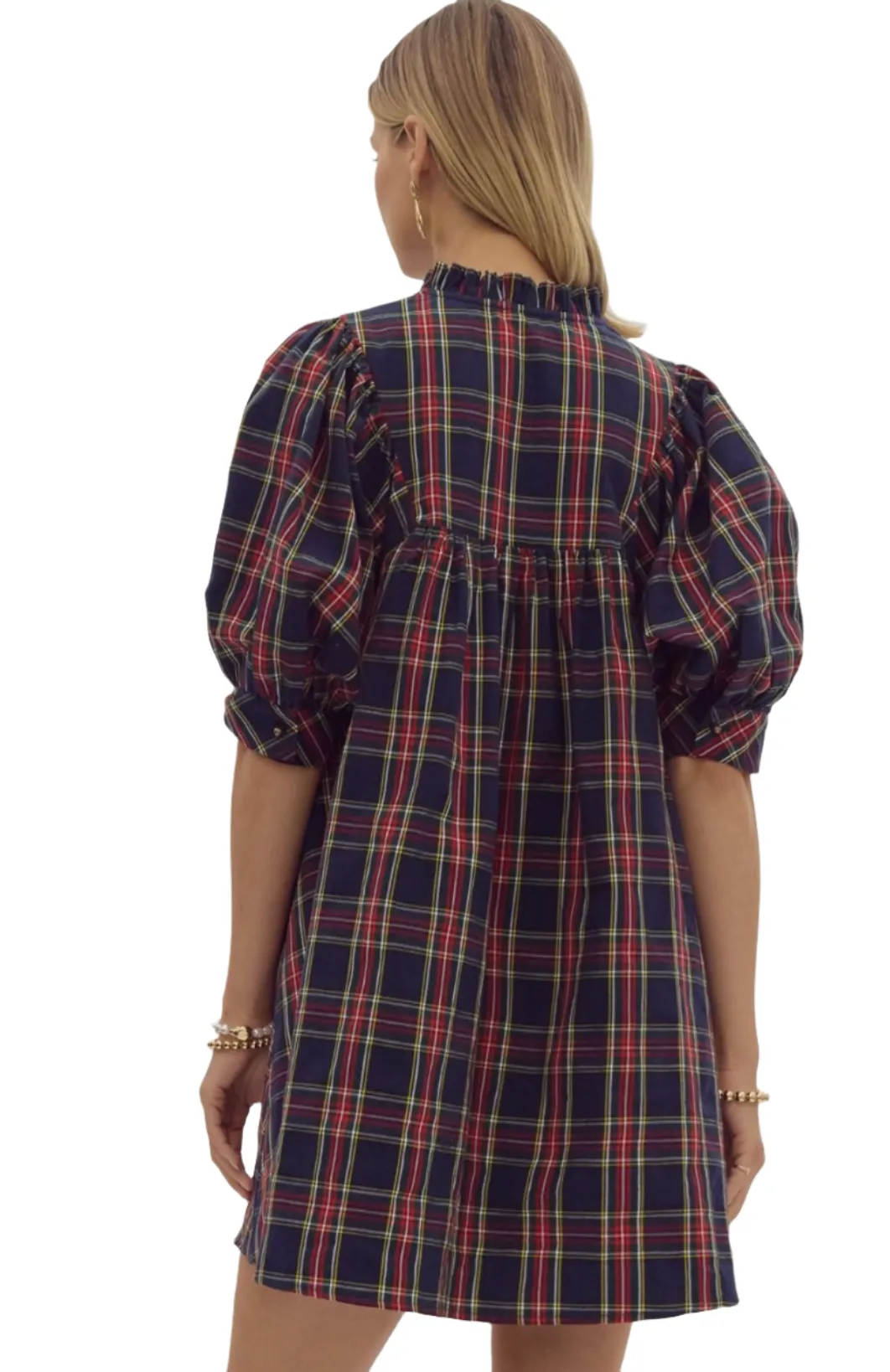 Plaid V-Neck Puff Mini Dress With Pockets