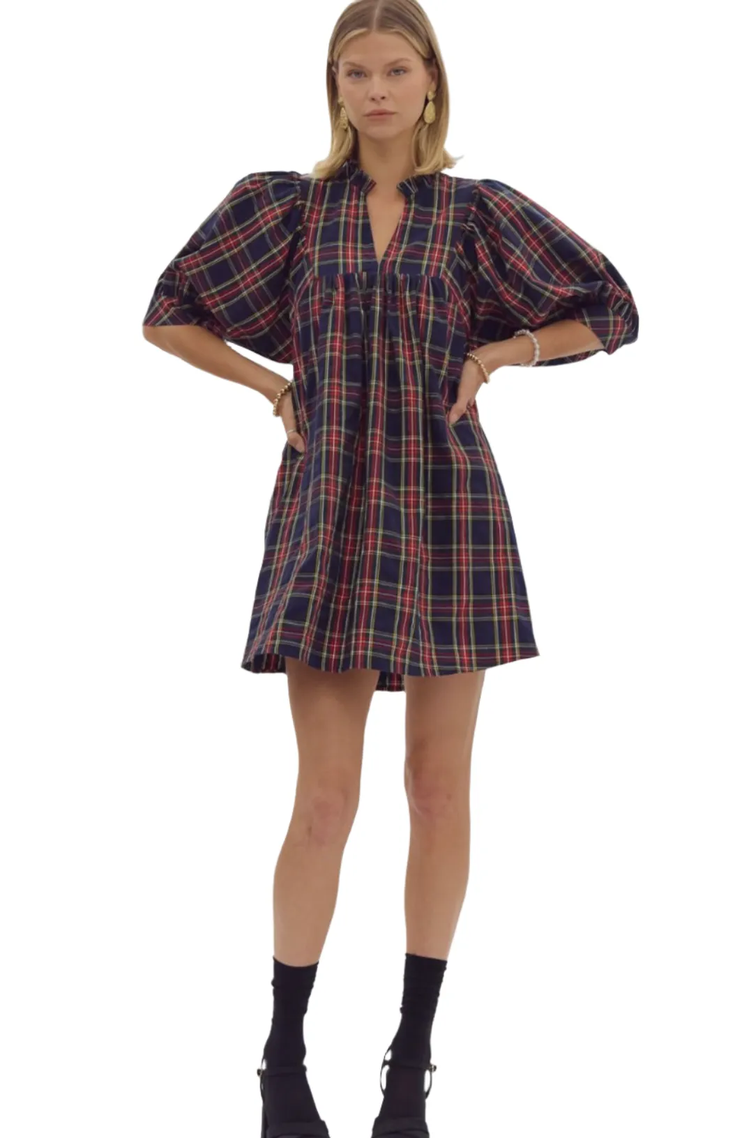 Plaid V-Neck Puff Mini Dress With Pockets