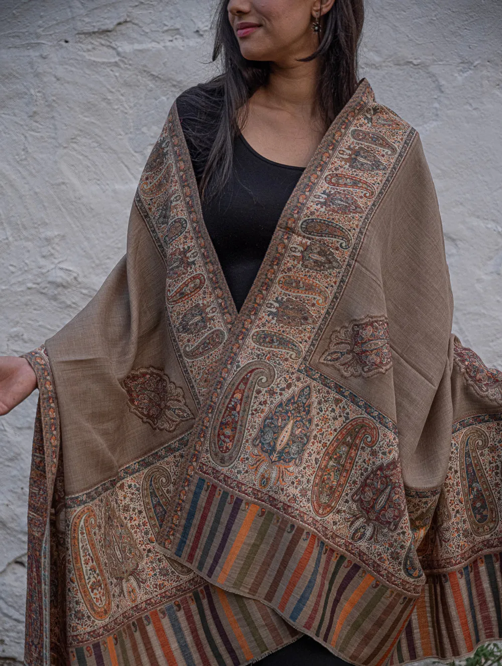 Regal Statement. Exclusive Soft Jamavar Design Kashmiri Shawl - Elegant Beige