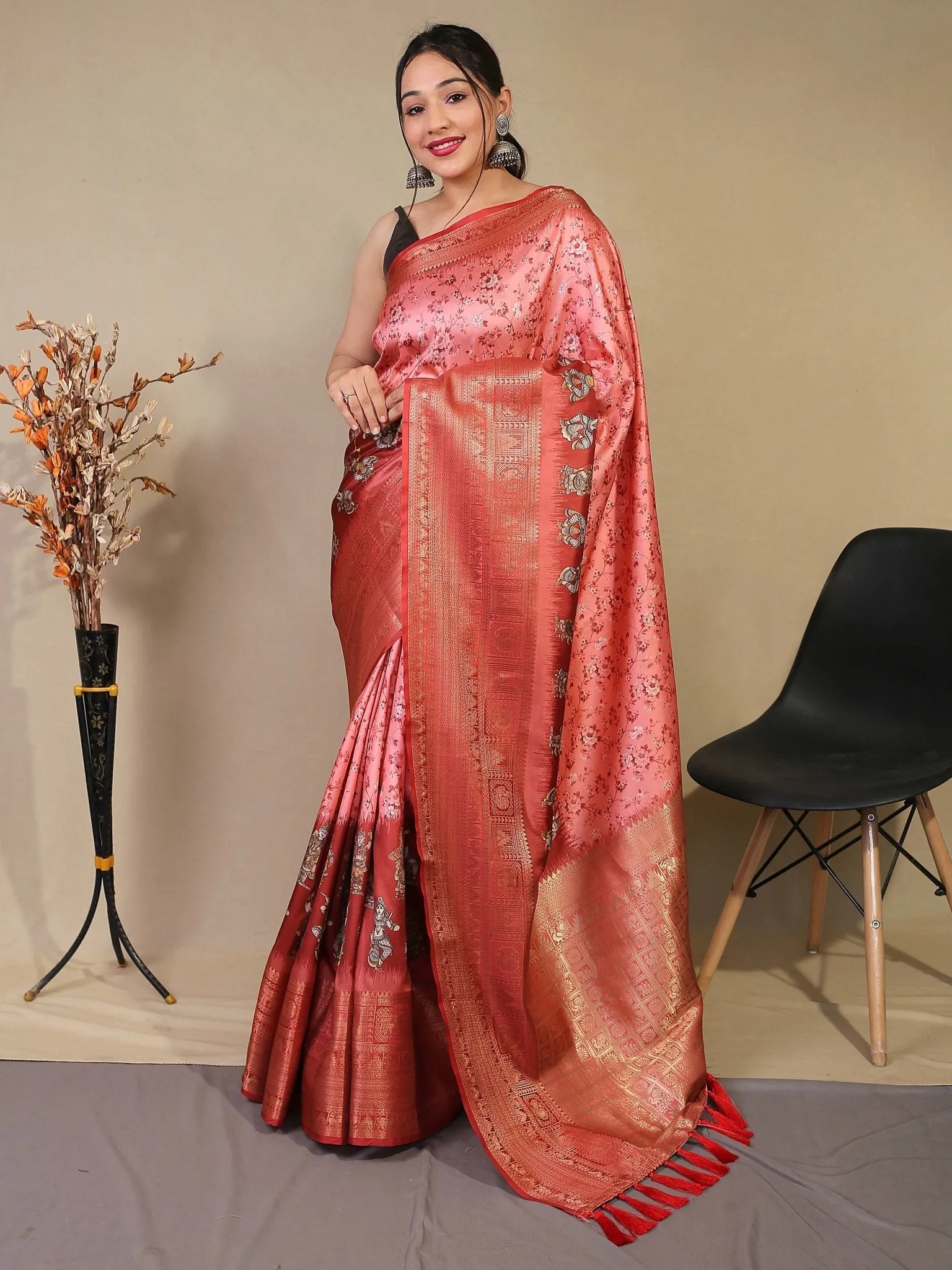 Rose Pink Saree in Floral Kalamkari Print