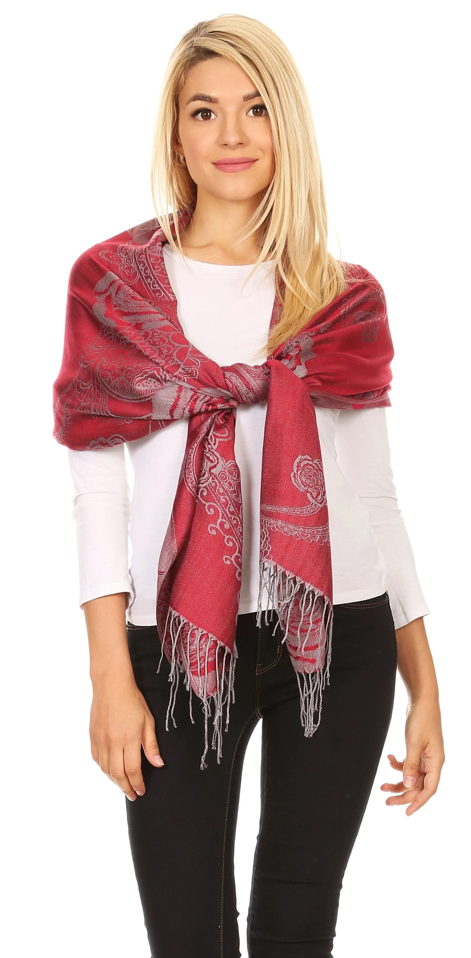 Sakkas Tessa Reversible Rose Brocade Warm Soft Scarf Wrap Stole with Fringe