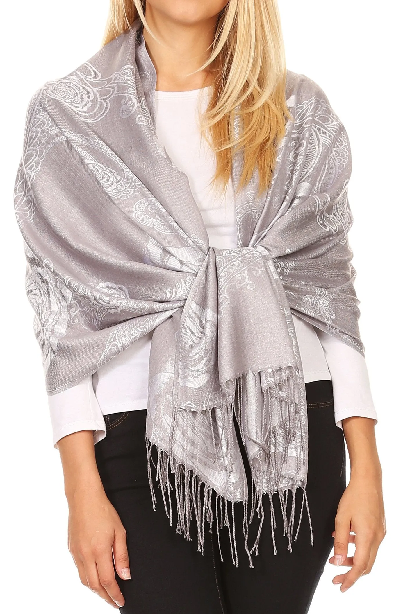 Sakkas Tessa Reversible Rose Brocade Warm Soft Scarf Wrap Stole with Fringe