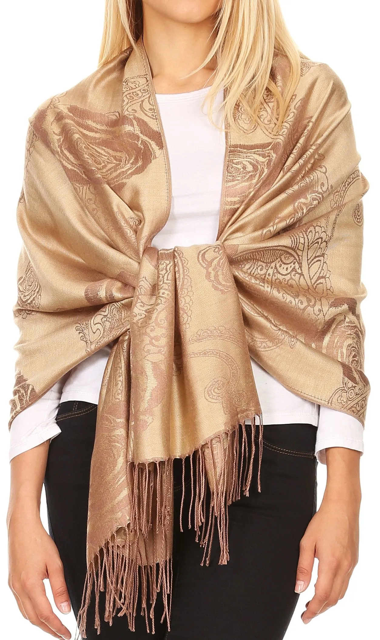 Sakkas Tessa Reversible Rose Brocade Warm Soft Scarf Wrap Stole with Fringe