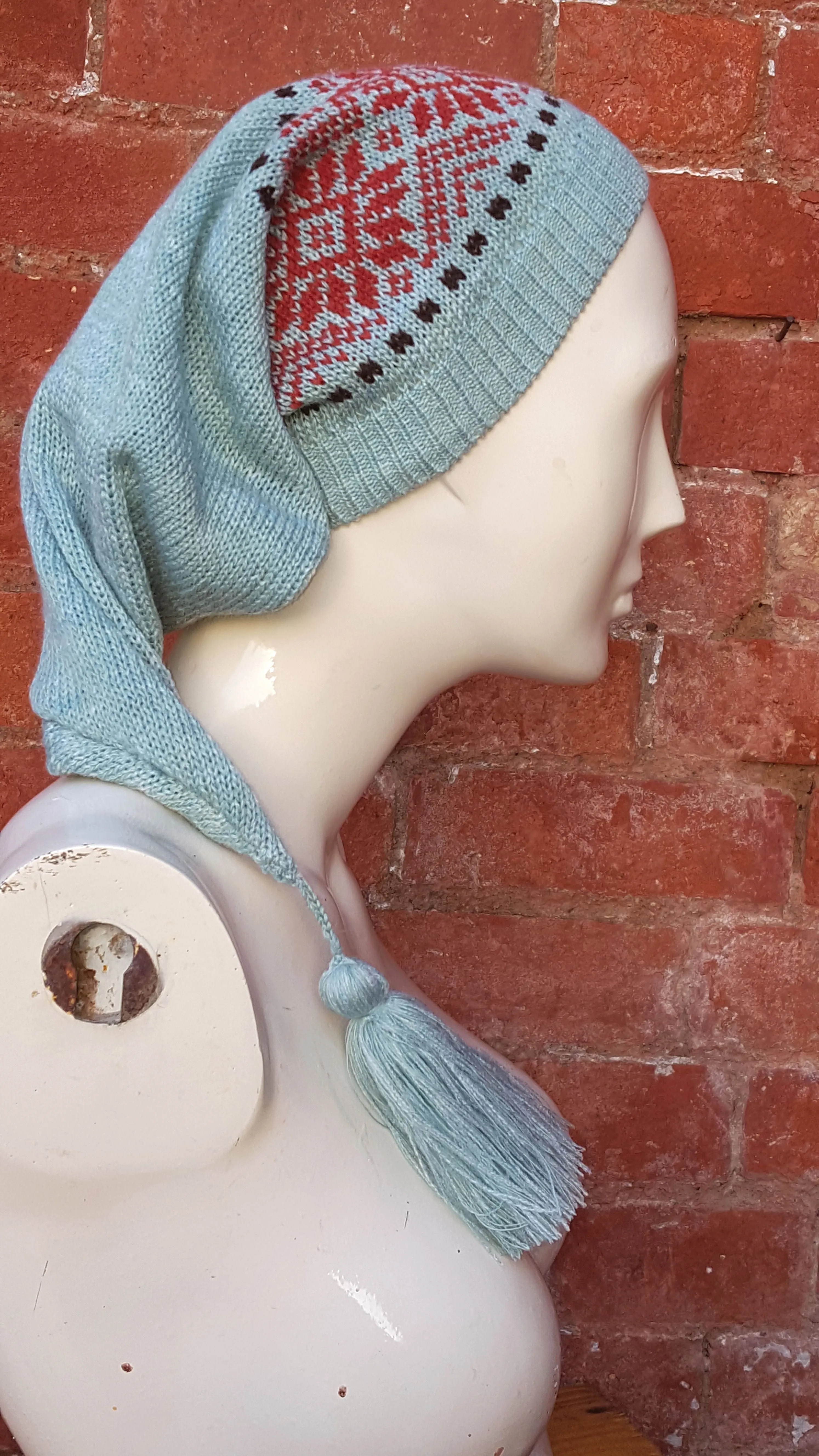 Sea Foam coloured Winter Pixie Hat, fair isle pattern, one size fits all, unisex ski hat