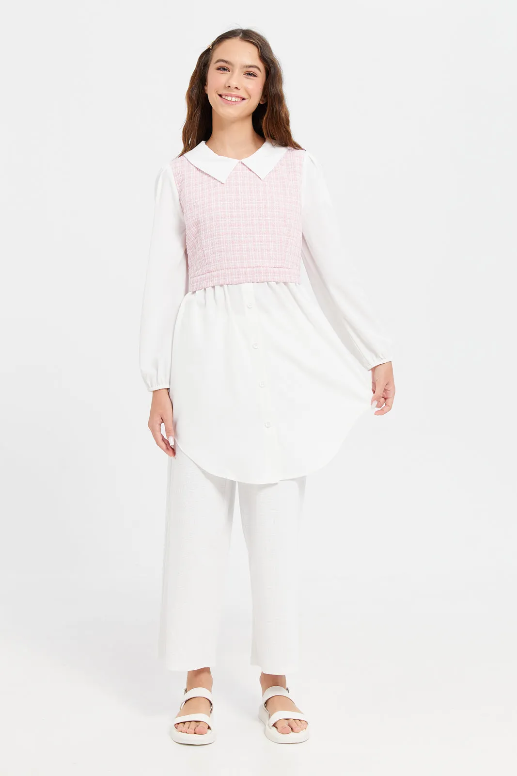 Senior Girls Pink And White Collared Tweed Tunic