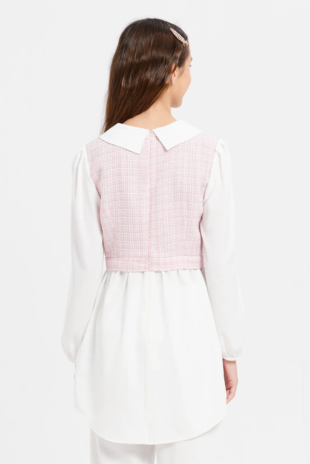 Senior Girls Pink And White Collared Tweed Tunic