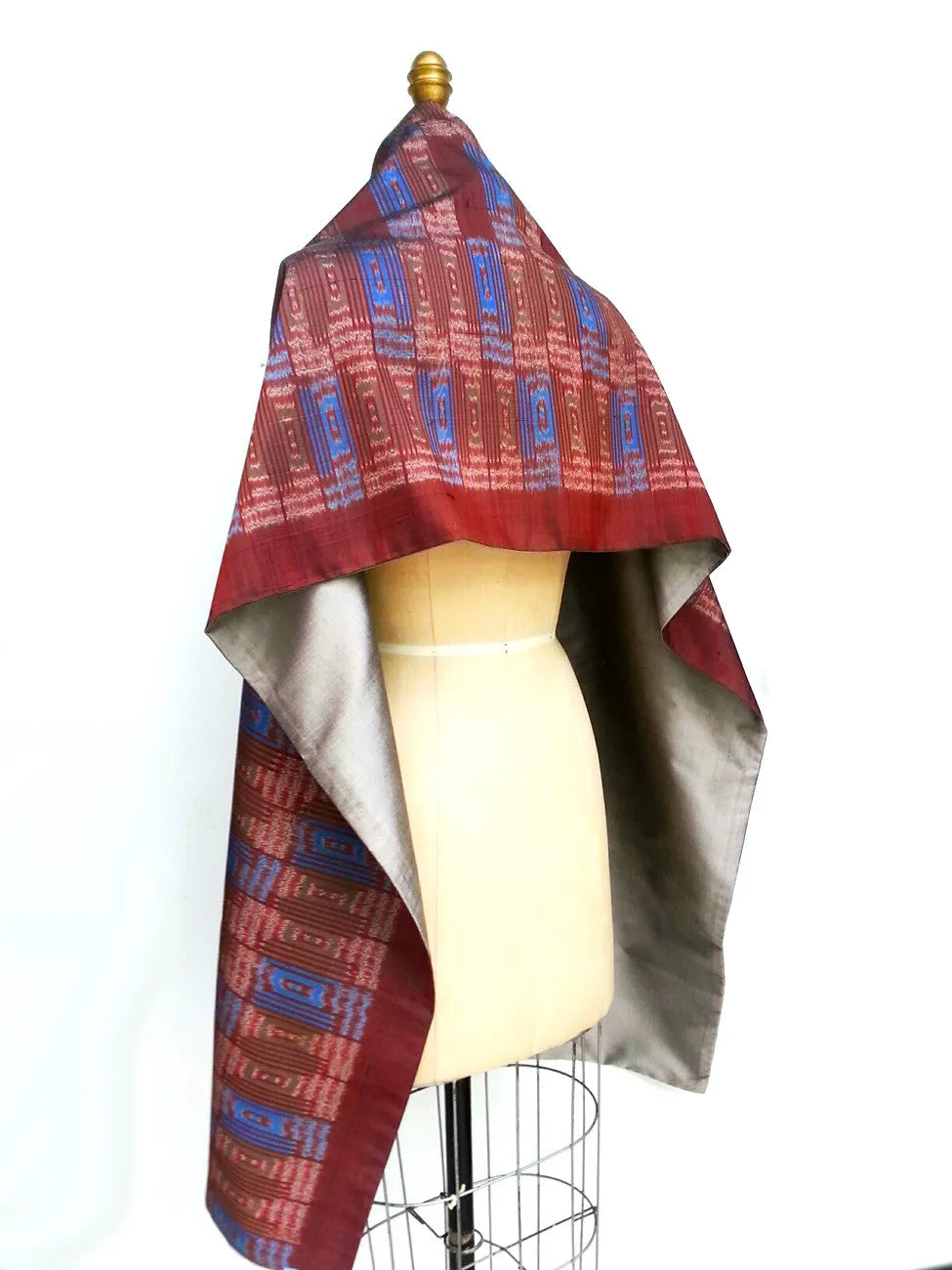 Silk Ikat Double Side Shawl Burgundy Silver