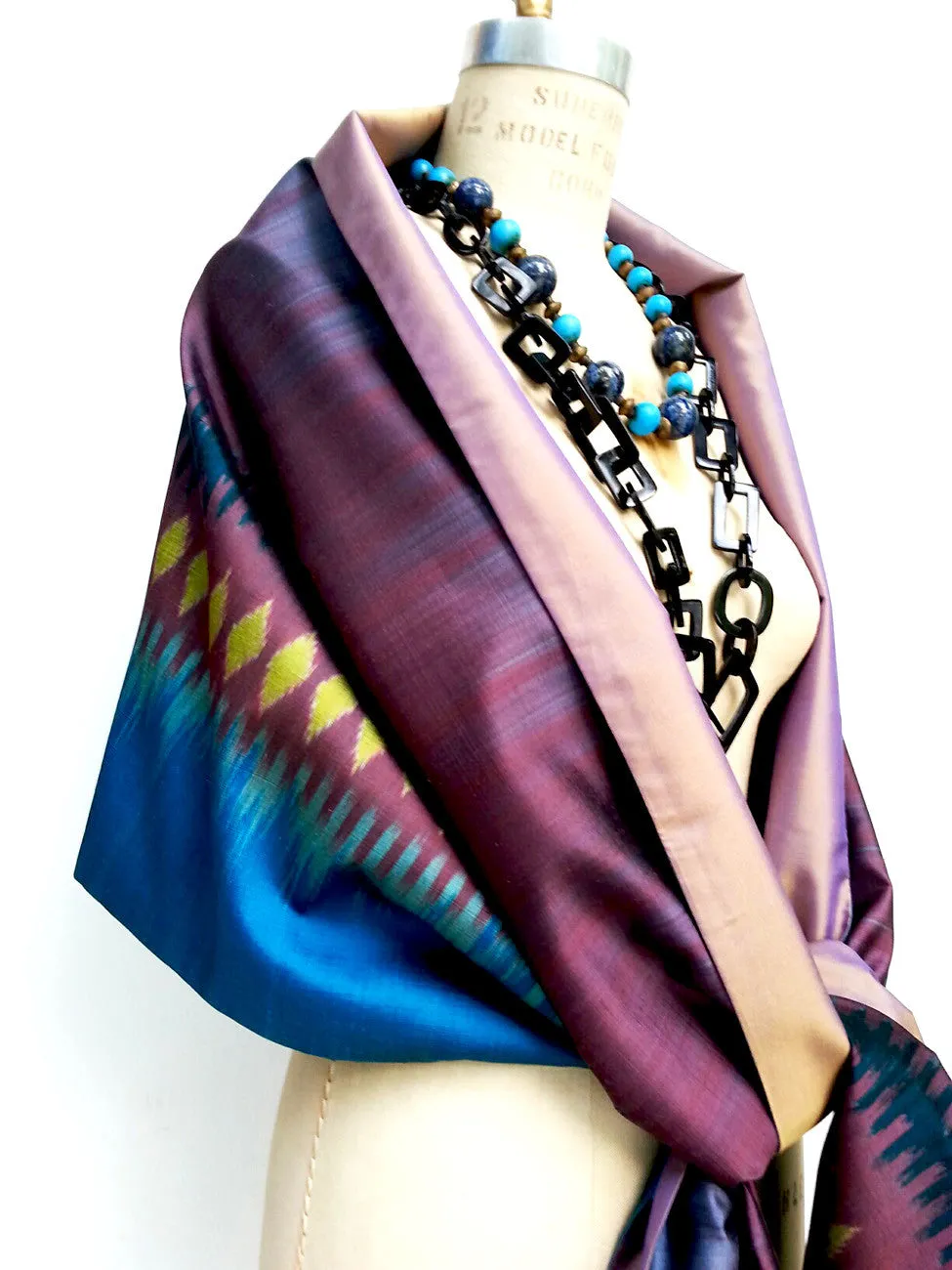 Silk Ikat Double Side Shawl Turquoise Rose