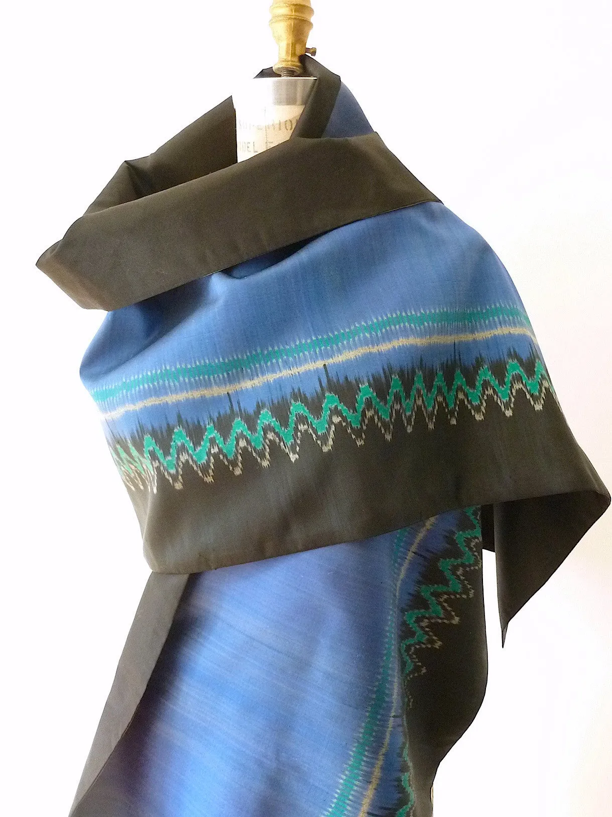 Silk Ikat Double Sided Shawl Black And Cobalt