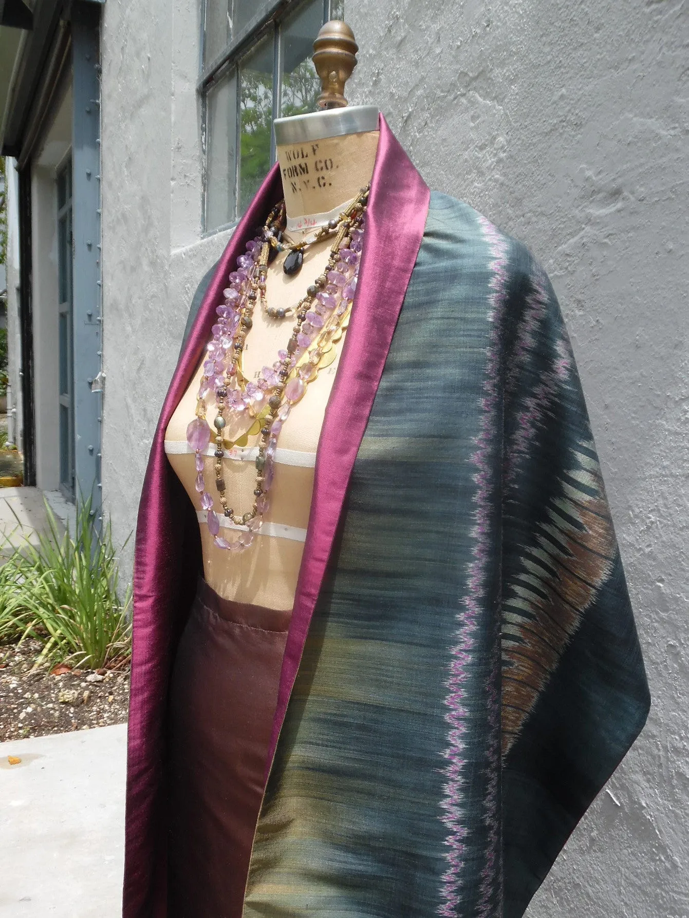 Silk Ikat Double Sided Shawl Black Eggplant