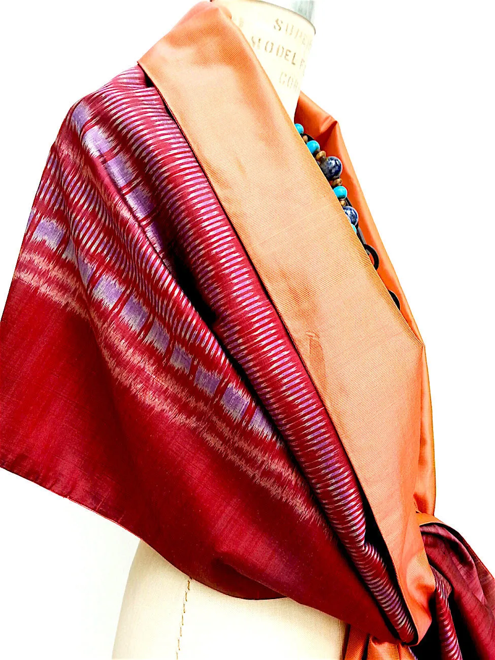 Silk Ikat Double Sided Shawl Garnet Pumpkin