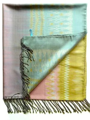 Silk Ikat Shawl Or Throw Pink Gold Blue