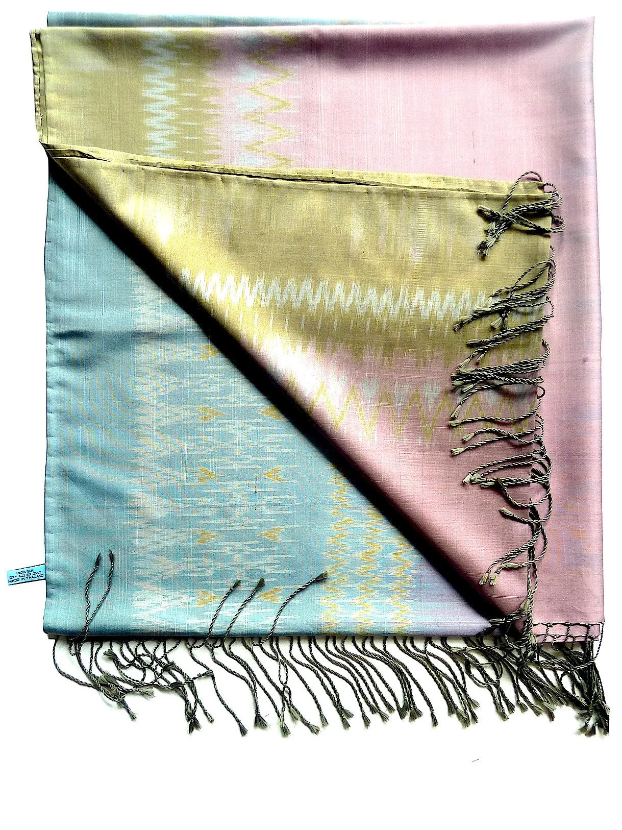 Silk Ikat Shawl Or Throw Pink Gold Blue