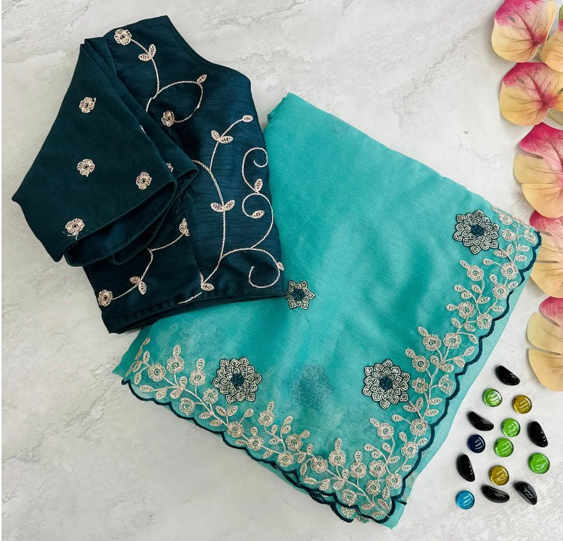 Sky Blue Kasoli Silk Saree with Beautiful Embroidery and Contrast Thread Work