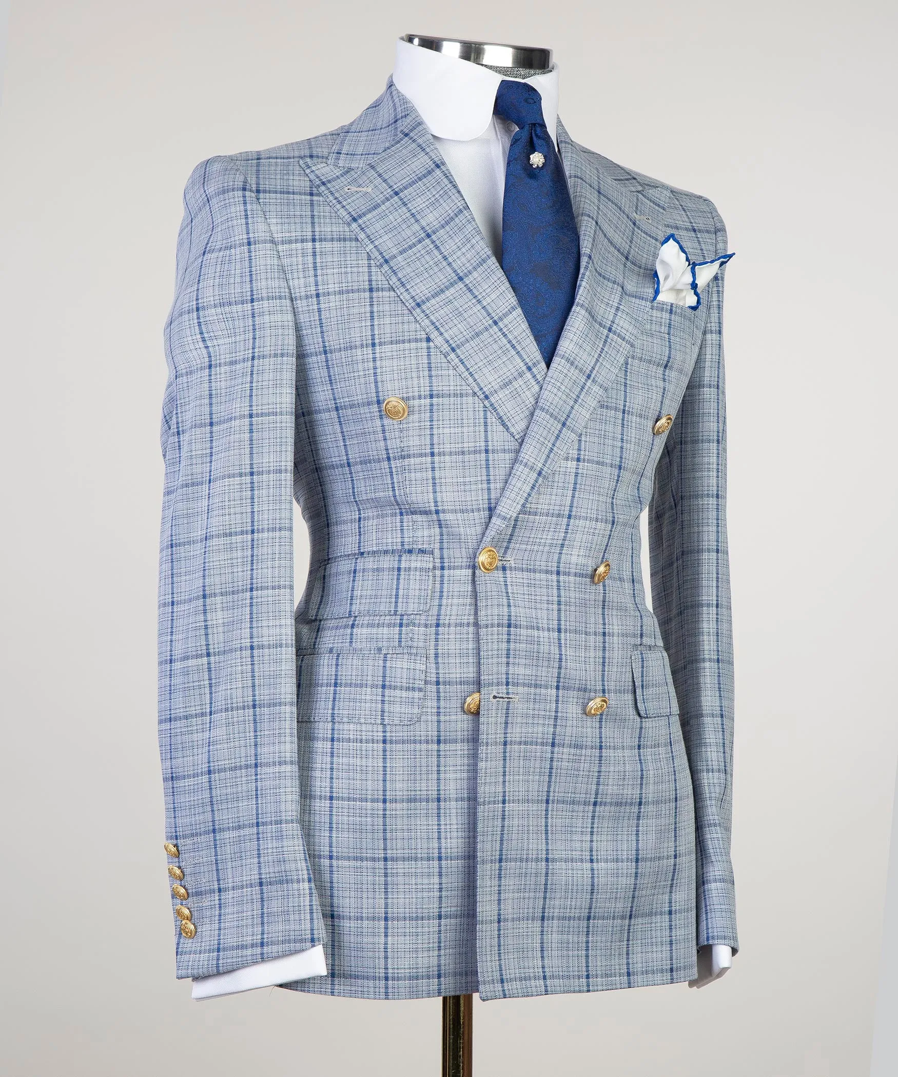 Sky Blue Plaid Double Breasted Suit