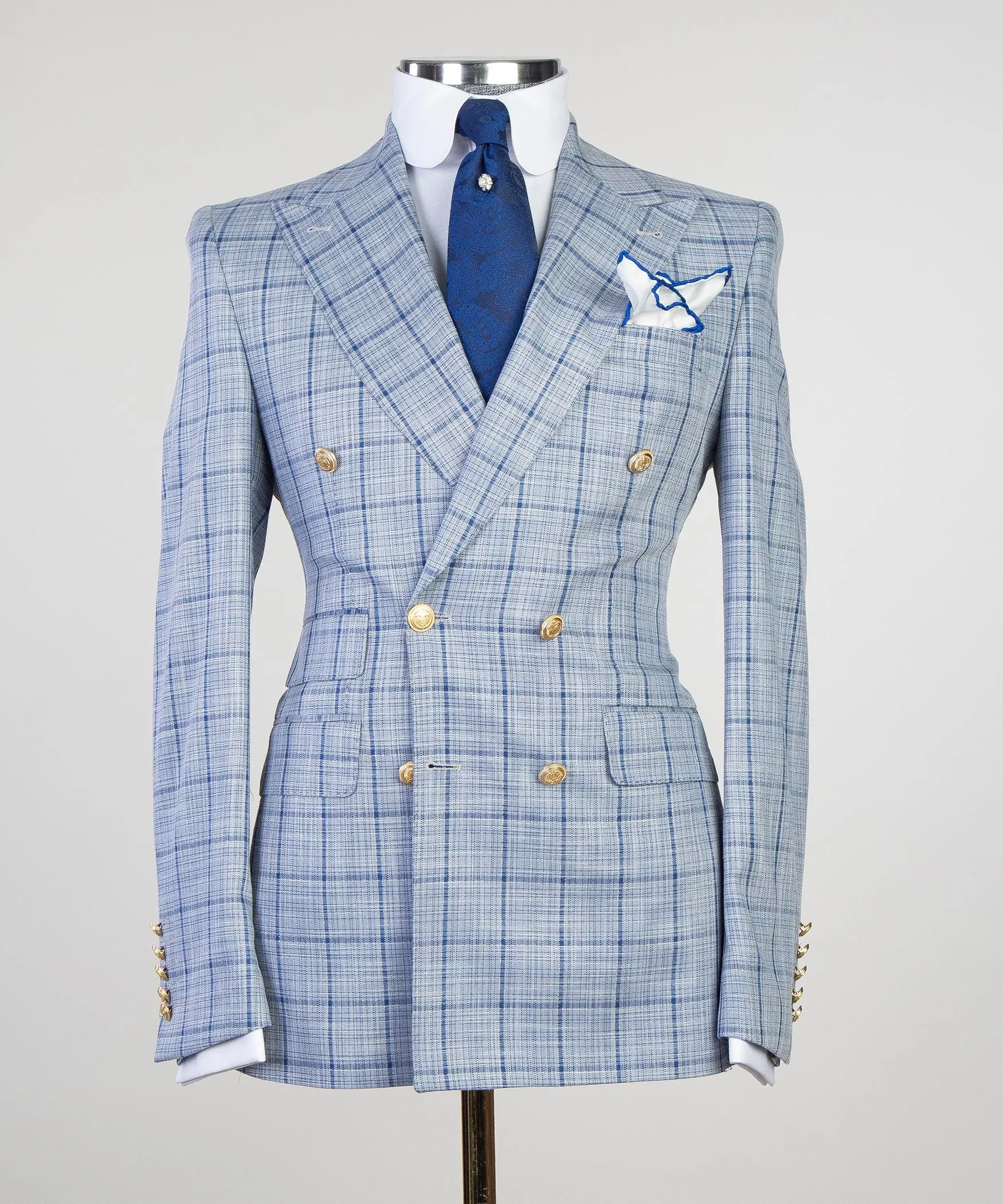 Sky Blue Plaid Double Breasted Suit