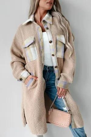 Smoke Gray Plaid Sherpa Long Coat