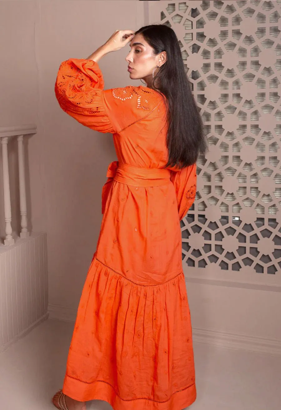 Sunshine Babe Embroidered Ramie Full Sleeve Long Shirtdress Living Coral