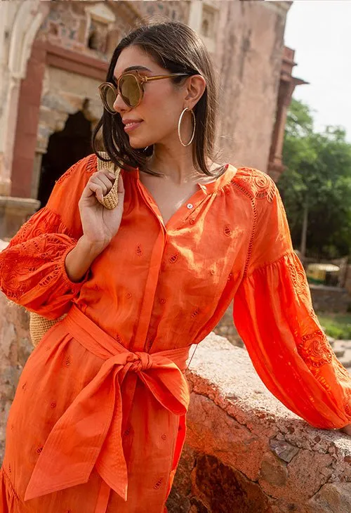 Sunshine Babe Embroidered Ramie Full Sleeve Long Shirtdress Living Coral