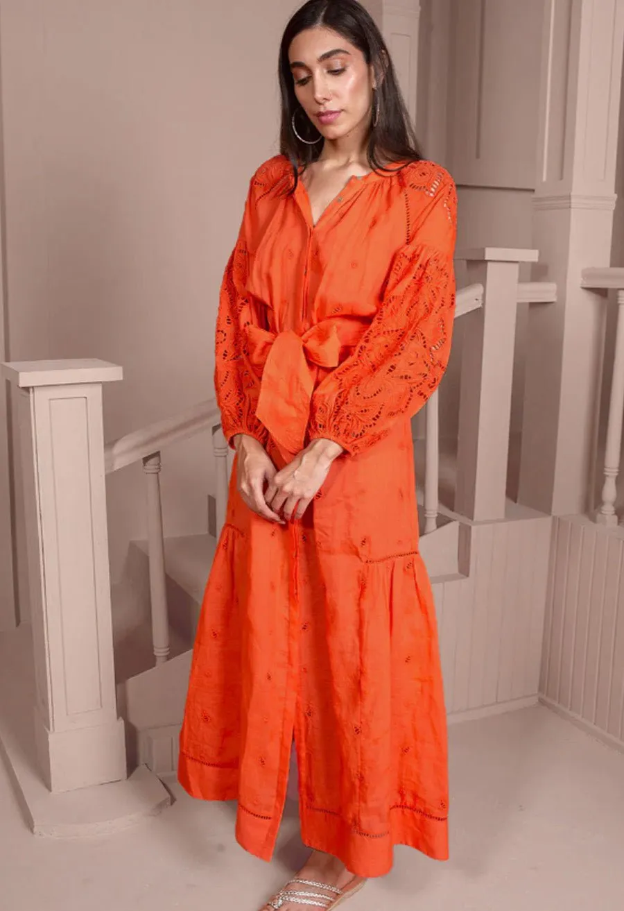 Sunshine Babe Embroidered Ramie Full Sleeve Long Shirtdress Living Coral