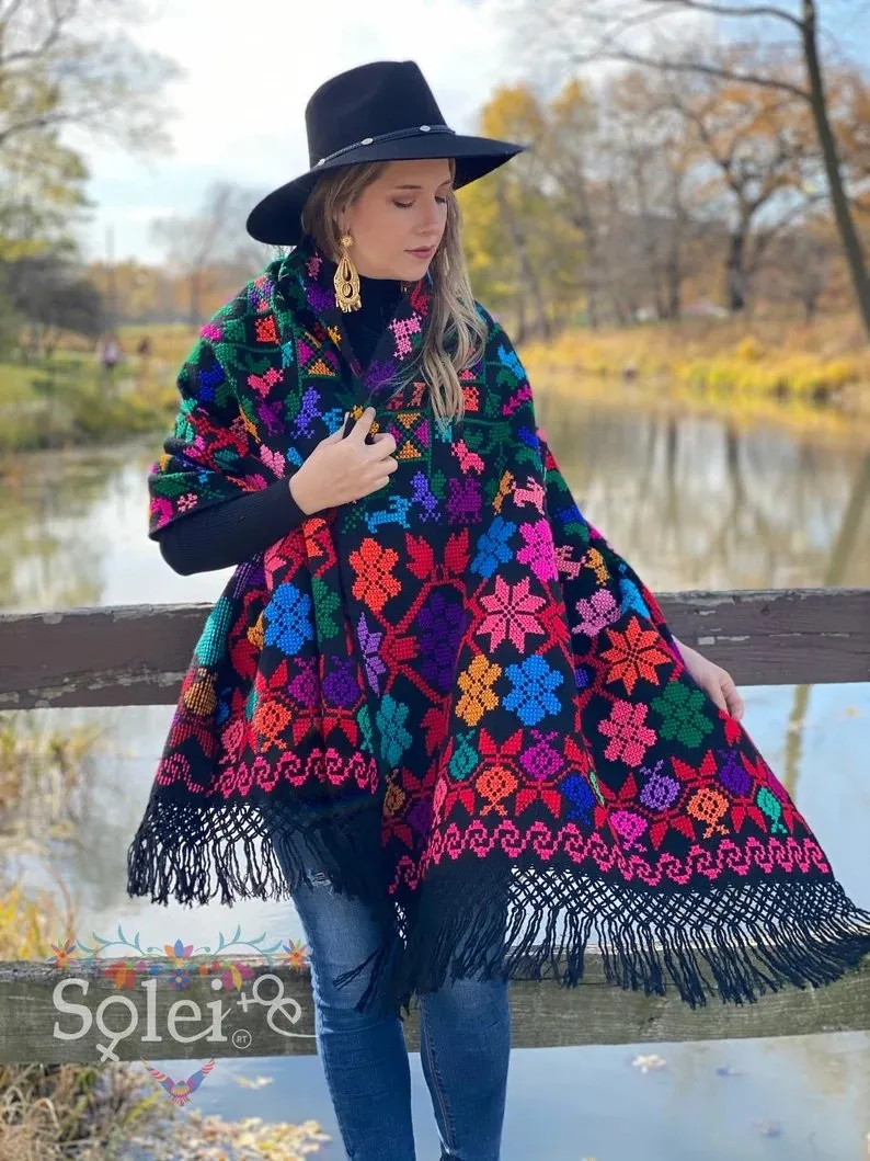 Traditional Mexican Hand Embroidered Shawl. Rebozo Esquinero