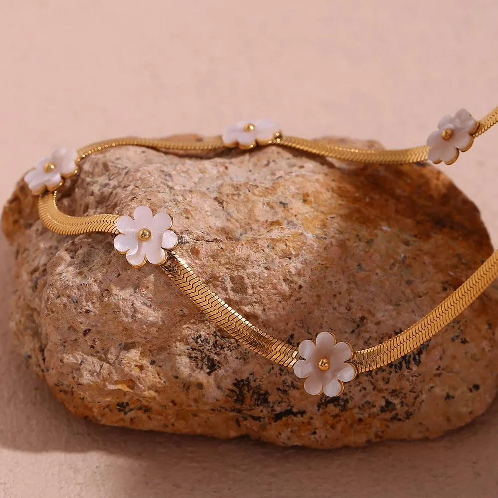 Trendy Gold Choker Necklace with White Flower Charms