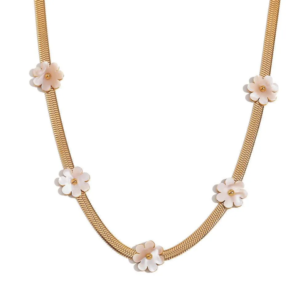 Trendy Gold Choker Necklace with White Flower Charms