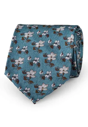 Turquoise & white floral jacquard silk unlined hand made tie