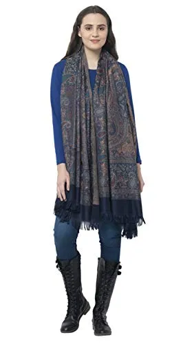 Weavers Villa - Women's Faux Pashmina Silk Paisley Design Shawls, Stoles (Navy Blue)