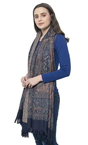 Weavers Villa - Women's Faux Pashmina Silk Paisley Design Shawls, Stoles (Navy Blue)