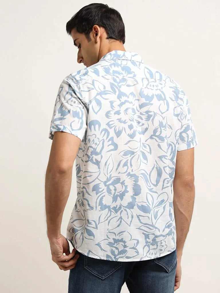 WES Casuals Light Blue Floral Print Slim Fit Cotton Shirt