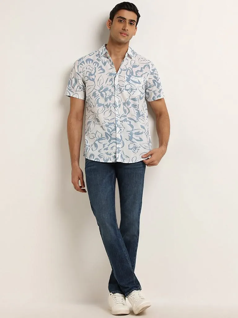 WES Casuals Light Blue Floral Print Slim Fit Cotton Shirt