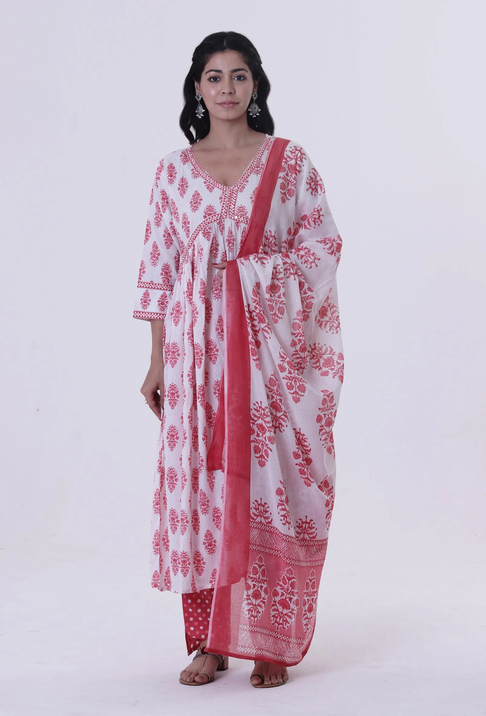 White Cotton Dupatta with Pink Motif