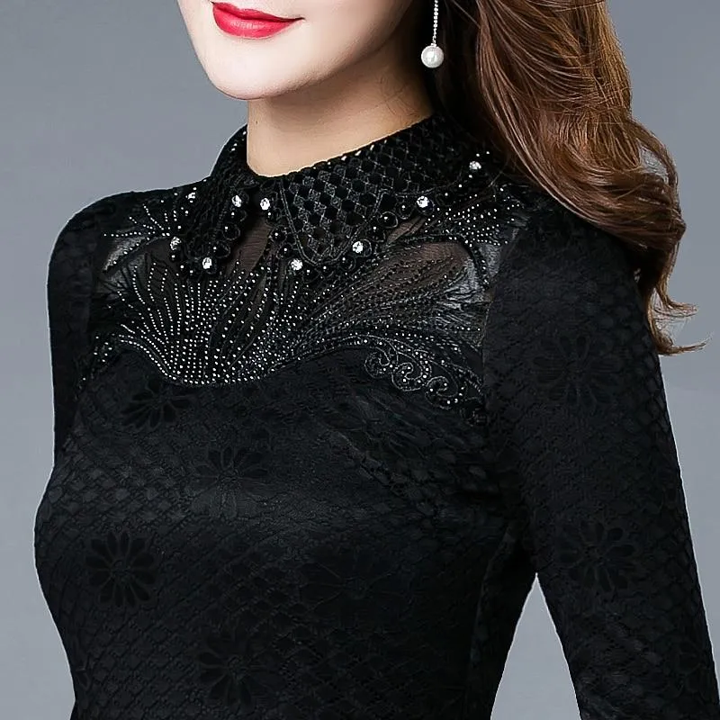 Women Casual Lace Embroidered Design Long Sleeve Stand Collar Blouse