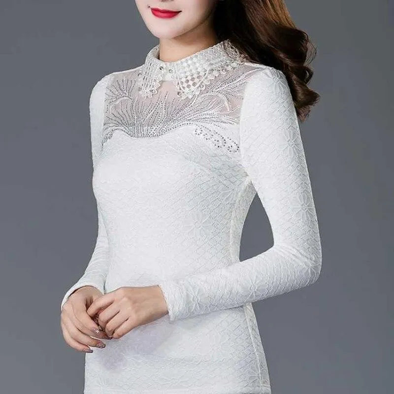 Women Casual Lace Embroidered Design Long Sleeve Stand Collar Blouse