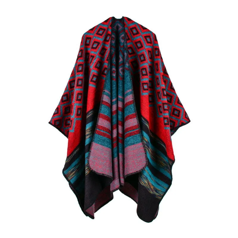 Women's diamond colored striped shawl, high-end women's double-sided travel cloak