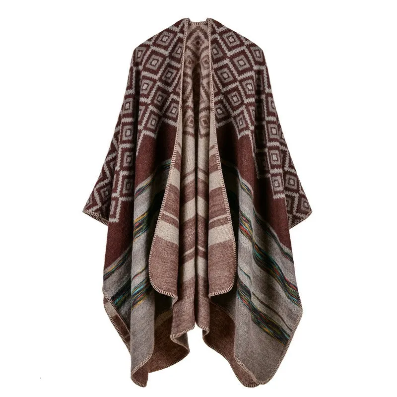 Women's diamond colored striped shawl, high-end women's double-sided travel cloak