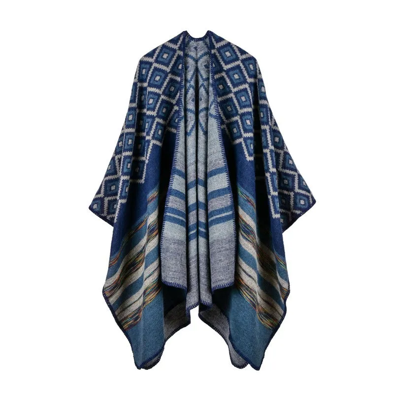 Women's diamond colored striped shawl, high-end women's double-sided travel cloak