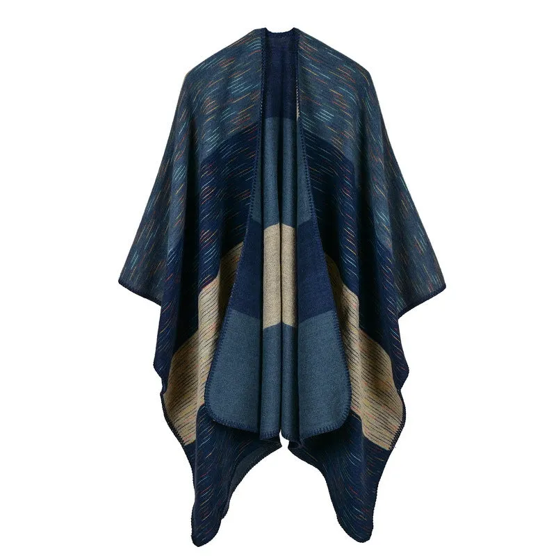 Women's diamond colored striped shawl, high-end women's double-sided travel cloak