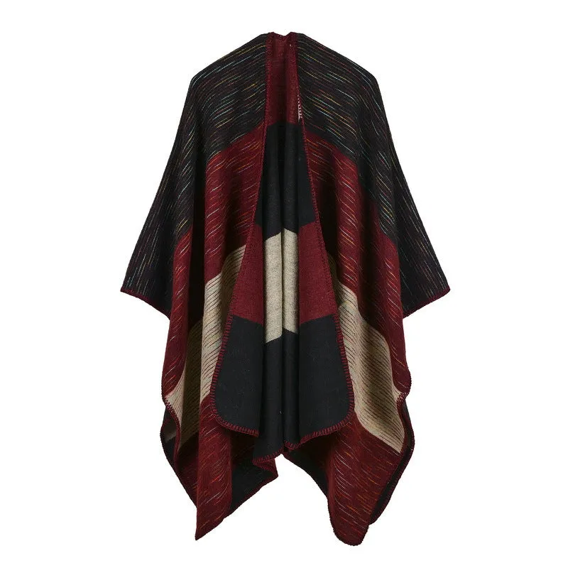 Women's diamond colored striped shawl, high-end women's double-sided travel cloak